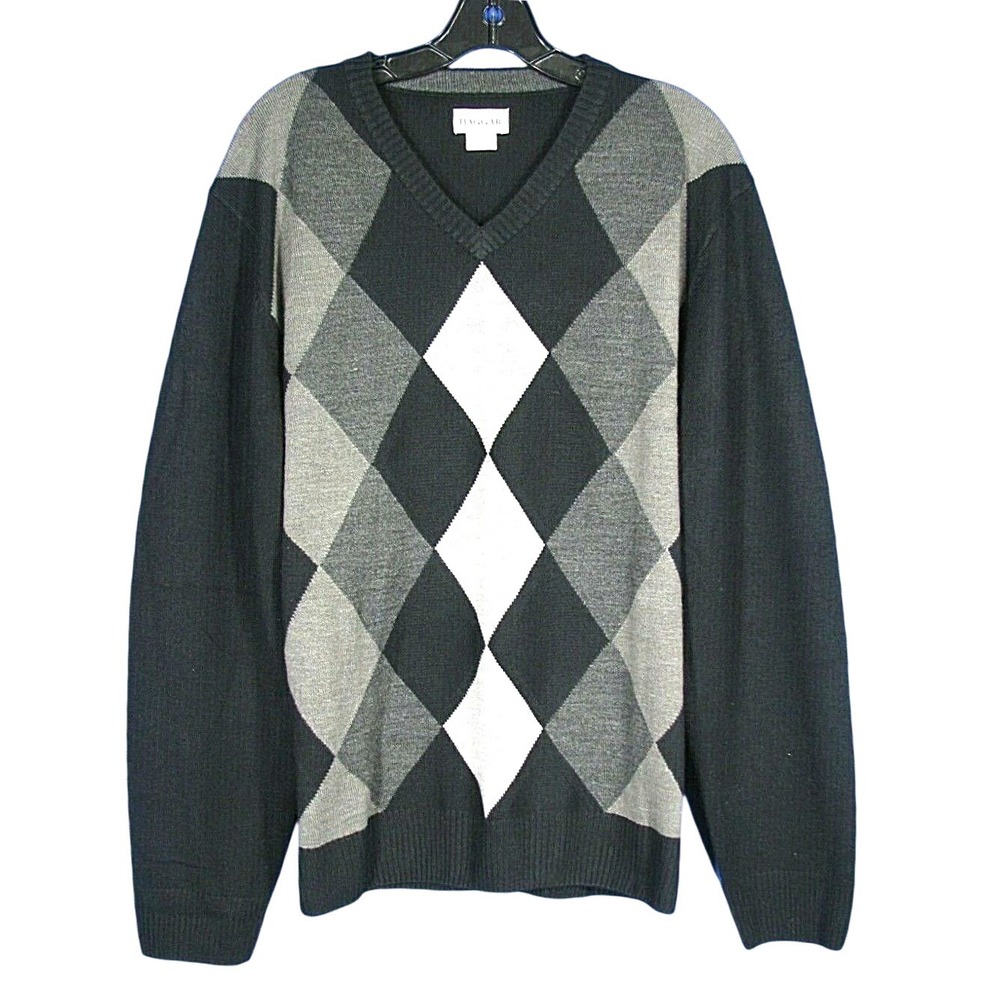 HAGGAR Black/Gray DIAMOND COLORBLOCK PATTERN V-Neck GRANDPA HIPSTER SWEATER Sz L